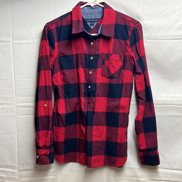 Tommy Hilfiger Red and Navy Half Button Down Flannel Shirt - Picture 1 of 5